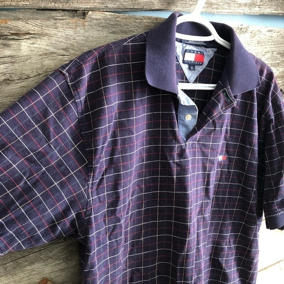 TOMMY Hilfiger Size Med Navy Plaid Polo Shirt - Picture 2 of 4